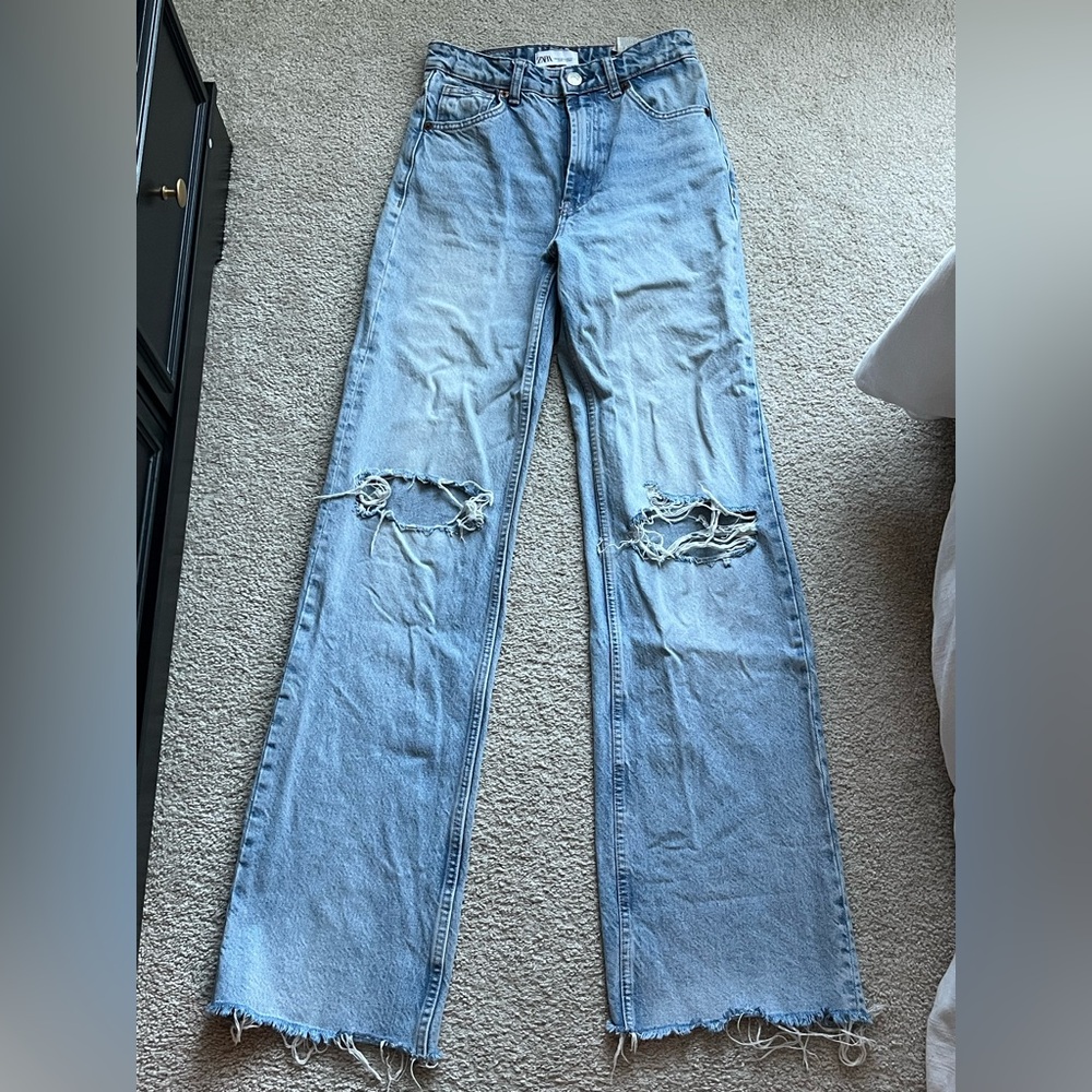 Zara Distressed Light Blue Straight Leg Jeans